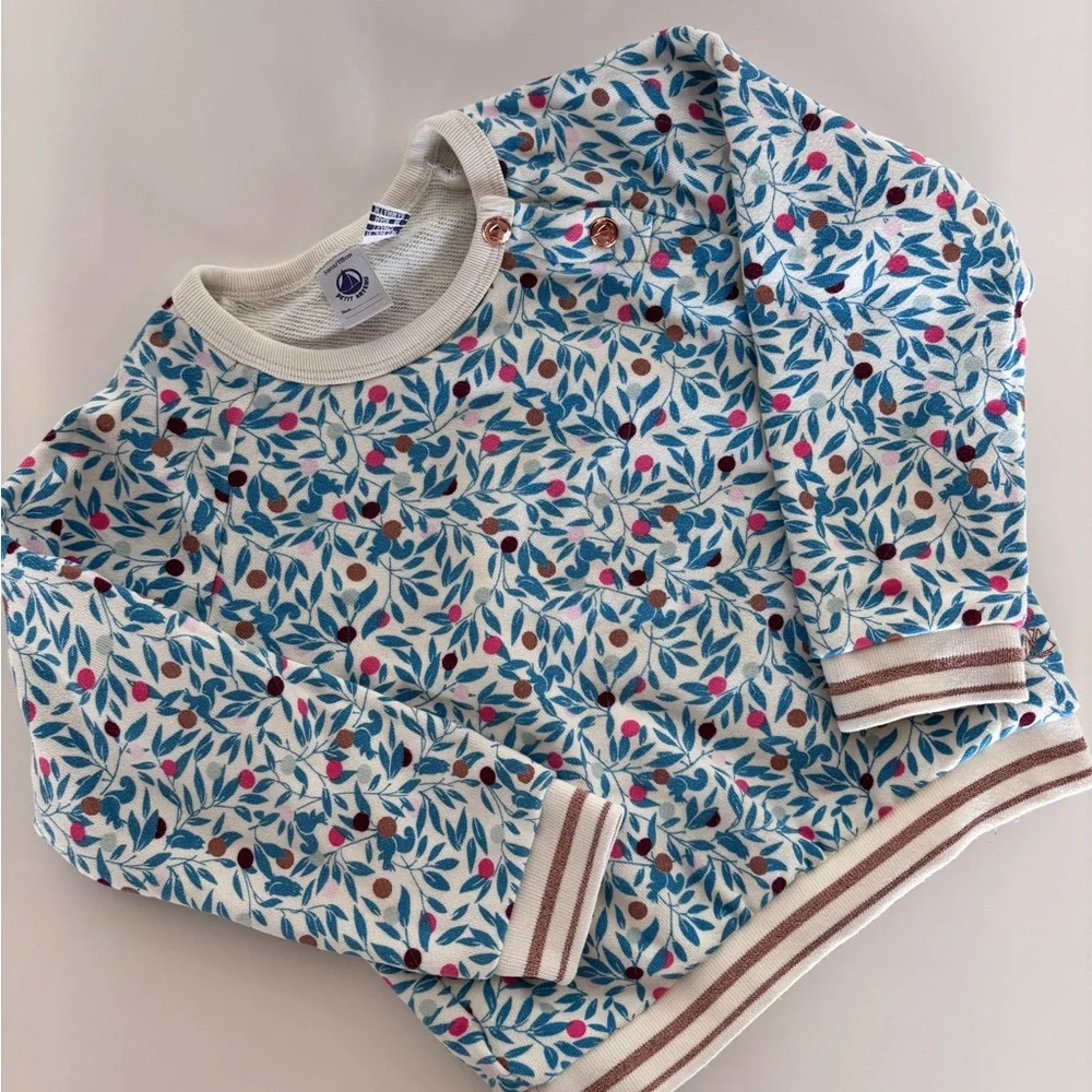 Petit Bateau Cream and Blue Leaf Print Top - Picture 3 of 7